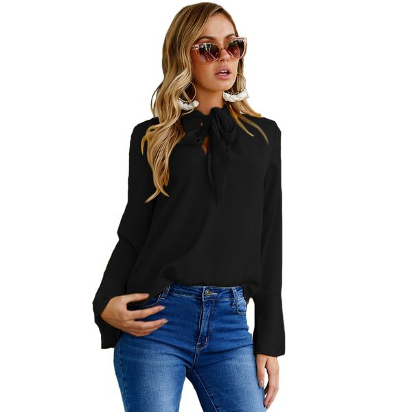 

2018 women autumn shirts v-neck lace up long sleeves solid color chiffon blouse nz087, White