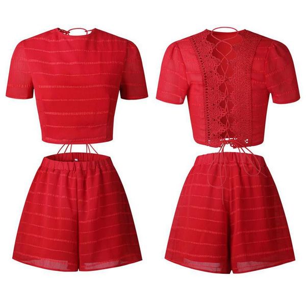 

2018 women fashion t-shirts shorts two pieces sets lace up shirts blouses loose shorts, White
