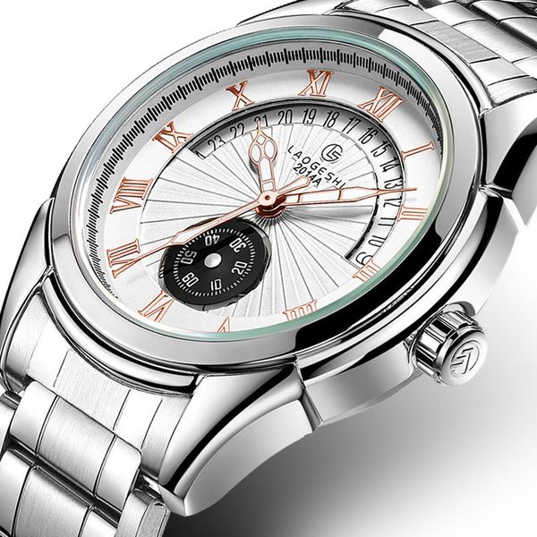 

laogeshi wengle new trend fashion calendar waterproof steel strip men second disk luminous automatic mechanical watches, Slivery;brown