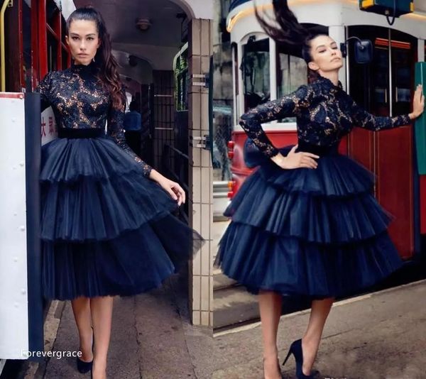 

arabic gothic 2018 black lace tea length cocktail dresses high neck long sleeves tiered tulle lace holiday club homecoming party gowns