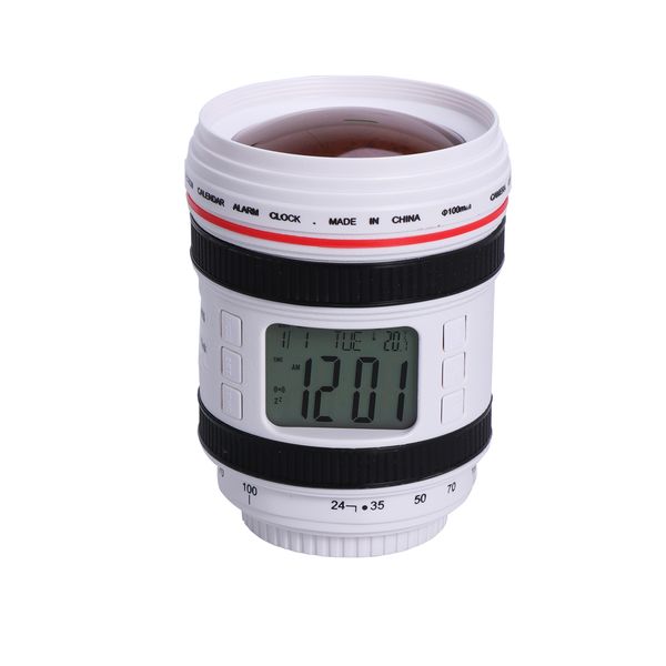 

dslr lens shaped battery powered projection alarm clock with snooze / led backlight / date / temperature / timer (white