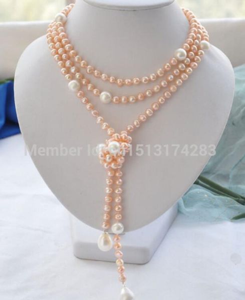 

gt;>>65" 14mm pink round white drip freshwater pearl necklace, Golden;silver