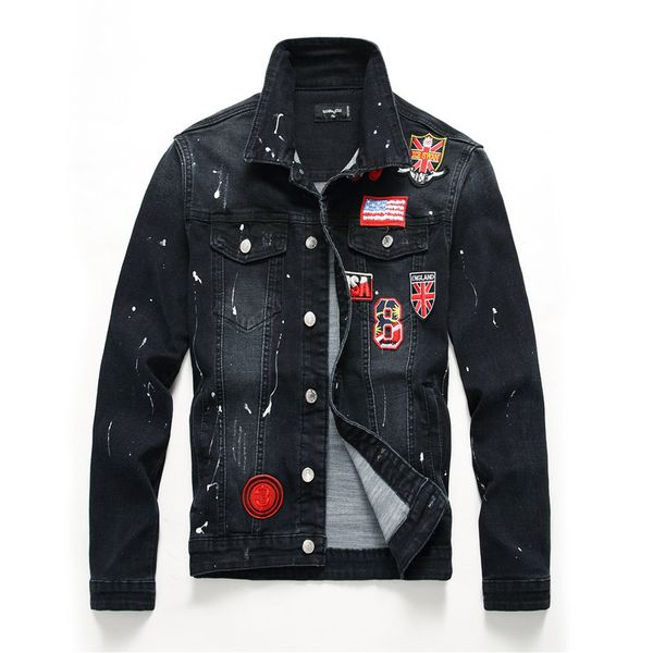 

high street painted mens jean jacket patch designs embroidered slim fit denim jacket m to 3xl, Black;brown