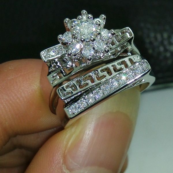 Estilo antigo da flor mulheres anel conjunto diamonique cz ouro branco anel de noivado de casamento banda cheia para as mulheres homens tamanho 5-10