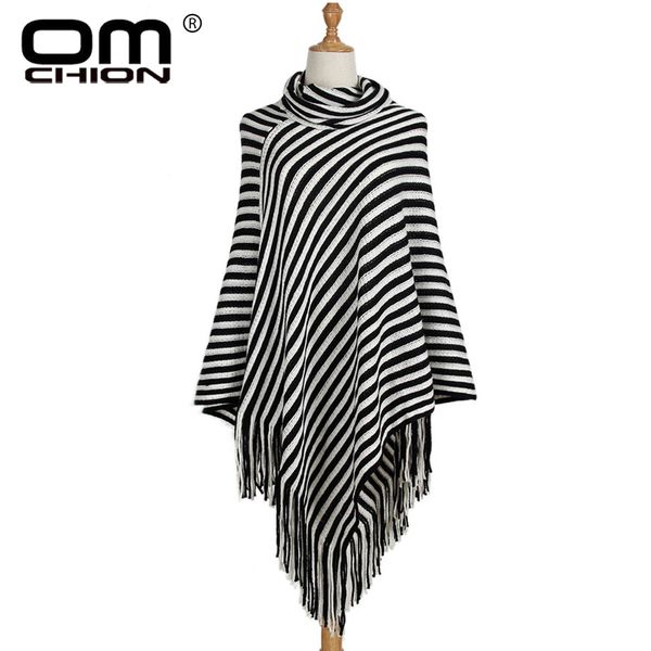

omchion vintage black and white striped tassel poncho 2018 new autumn turtleneck sweater women irregular casual pullover qmy63, White;black