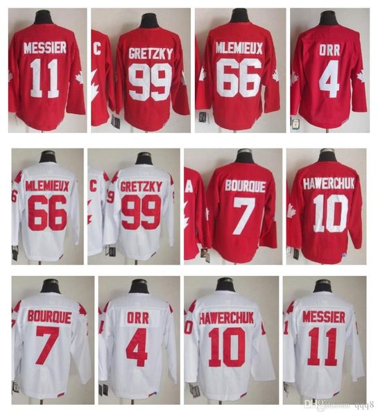 

1991 команда канада джерси 4 бобби орр 66 марио лемье 99 уэйн гретцки 7 рэй бурк 10 дейл хаверчук 11 марк мессье красный белый хоккей, Black;red