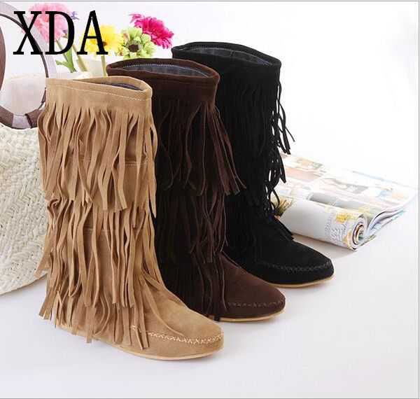 

xda 2017 new fashion low heel tassel boots flat shoes mid-calf women boots large size 35~43 w127, Black