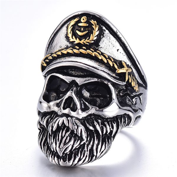 

vintage gold silver skeleton head ring mens punk rock navy captain biker rings 2018 band jewelry anillos bague z941, Golden;silver