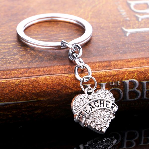 

12pc/lot thank you teacher keychain jewelry appreciation teachers keyring gifts love heart crystal rhinestone charms key chains, Silver