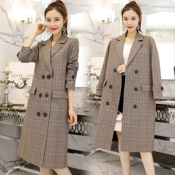 

plaid trench coat female long section new temperament 2018 spring and autumn korean fashion loose double-breasted coat tide, Tan;black