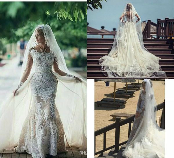 

vestidos de noiva 2019 vintage robe de mariee jewel neck long sleeves appliqued beaded mermaid wedding dresses with overskirt bridal gowns, White