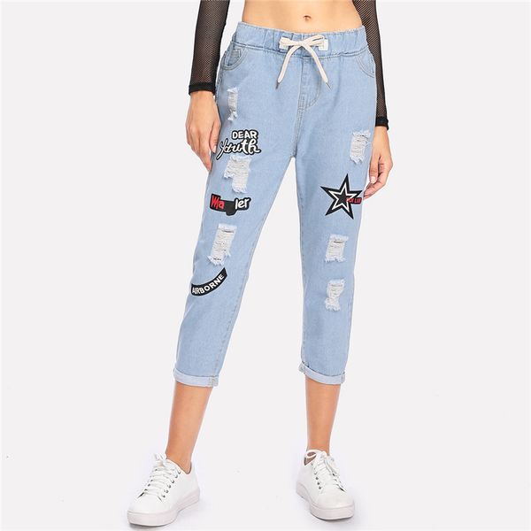 

ripped cuffed jeans women blue offset printing drawstring mid waist denim pants fashion casual pockets cropped jeans sale
