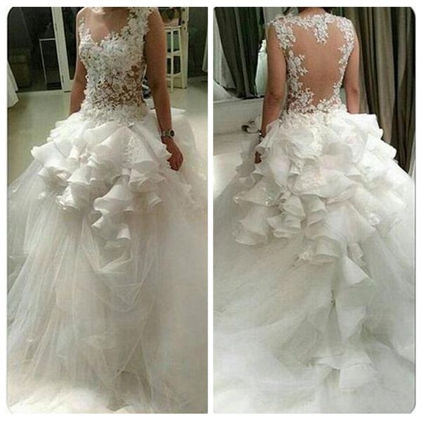 

2018 sheer lace appliques ball gown tulle wedding dresses sleeveless appliques puffy dubai saudi arabia middle east bridal gowns, White