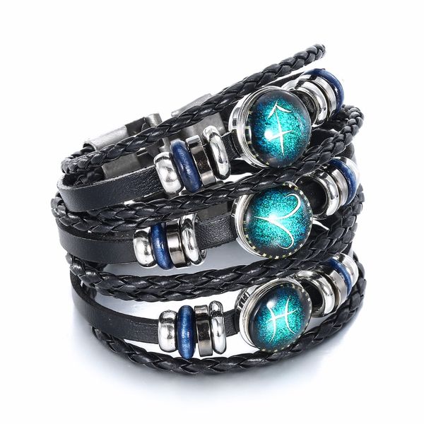 

new diy 12 constellations leather zodiac charm bracelet jewellery male women braid rope cortex punk bracelet jewelry dropshiping, Golden;silver