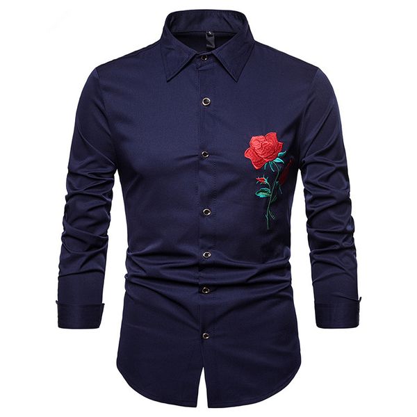 

Rose Flower Embroidery Shirt Men Fashion Men Dress Shirt Slim Fit Button Down Party Wedding Dinner