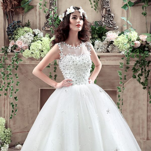 

vintage wedding dress 2018 princess lace lace up beading bridal gown flowers vestido de noiva crystal sheer customize plus size, White