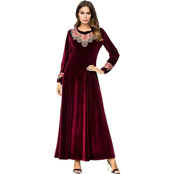 

babalet women's elegant muslim dress islamic dubai dress floral embroidered velvet long sleeve maxi arab abaya loose burgundy, Red