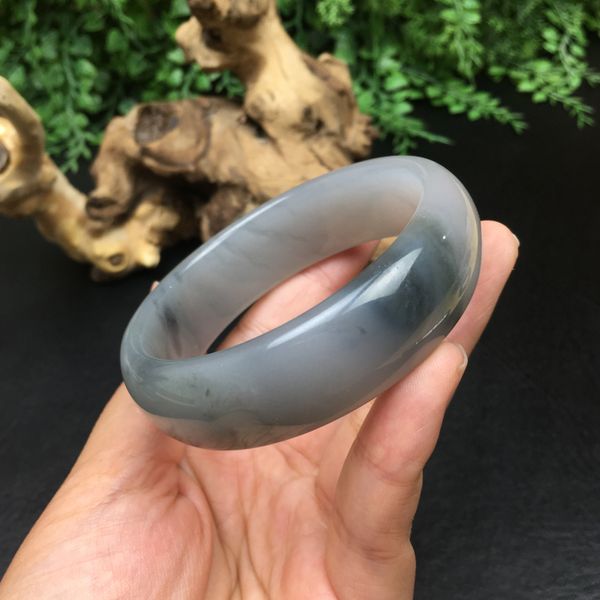 

h14#hetian jade smoke blue flower bracelet qinghai material smoke green ash wide strip jade bracelet, Golden;silver