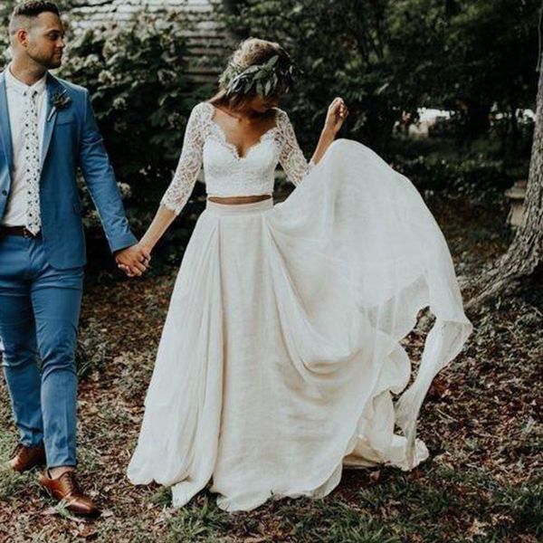 

lorie boho wedding dress long sleeves a line white ivory chiffon lace princess beach bride two pieces wedding gown ing