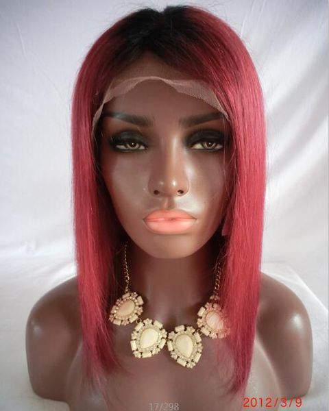 

short bob full lace human hair wigs remy hair ombre 1b 99j burgundy human hair wig pre plucked natural hairline, Black;brown