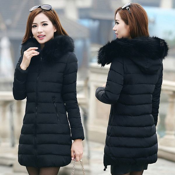 

winter 8 colors plus size 7xl jacket solid women's fur collar thick cotton parkas winter warm hoodied long coat, Black