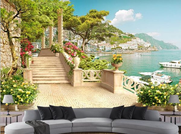 

сад балкон с видом на озеро шаги 3d фон кирпичной стены обои 3d обои ванной