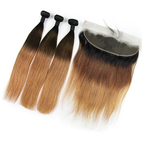 

1b/4/27 color brazilian straight ombre blonde remy human hair weave 3 bundles with part lace frontal closure, Black;brown