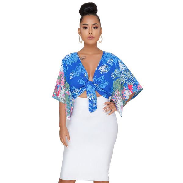 

womens cropped and blouses half sleeve plus size women clothing new floral printed bandage chemise femme camisa feminina, White