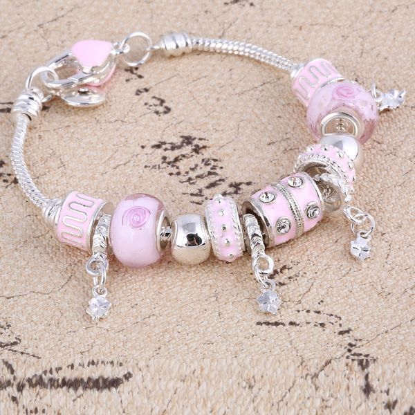 

Розовый кристалл Шарм серебряные браслеты браслеты для женщин с Мурано бусины серебряный браслет Femme ювелирные изделия