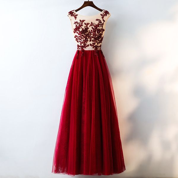 

scoop neck tulle evening dresses 2019 lace appliques floor length evening gowns new women party dress, Black;red