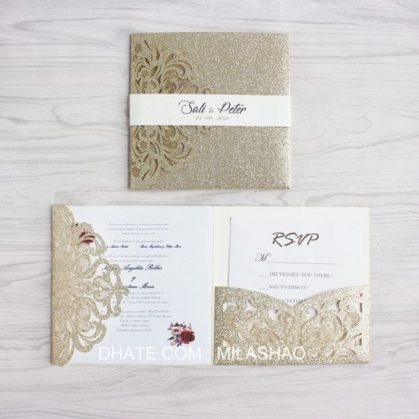 

Luxury golden wedding invitation with RSVP envelop belly band tri-fold pocket invites wedding decoration supply free ship