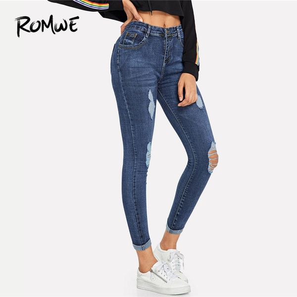

navy ripped skinny denim jeans summer women casual button high waist new style trousers female plain fashion pants, Blue