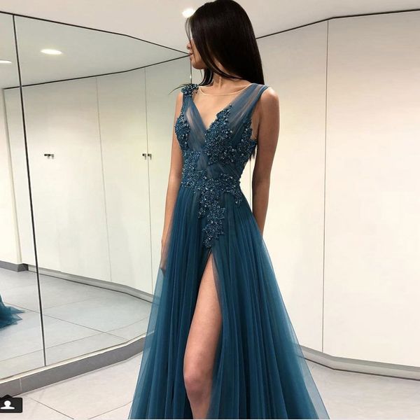 

v-neck tulle long prom dress sleeveless appliques lace beaded high splits backless a-line prom dresses vestidos de fiesta, Black