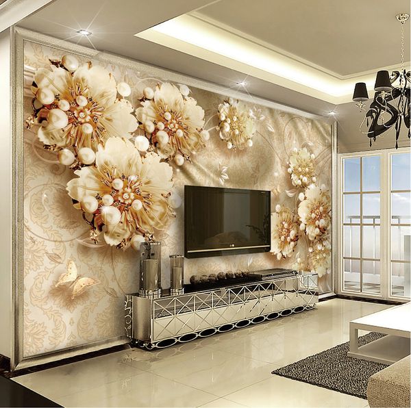

custom retail 3d luxury pearl flower three-dimensional jewelry indoor tv background wall decoration mural