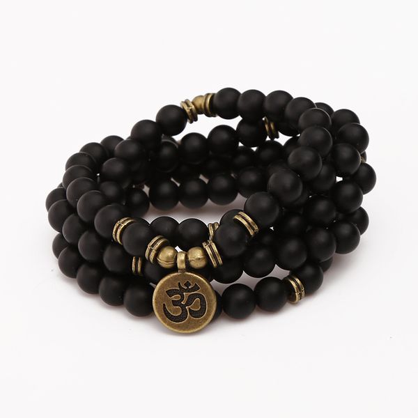 

black frosted onyx beads with lotus om buddha charm yoga bracelet or necklace natural stone 108 mala jewelry dropshipping, Golden;silver
