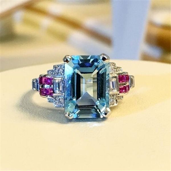

large princess cut sky blue stone bright silver purple&white rings bague for women girl anniversary party jewelry anel z5n252, Golden;silver