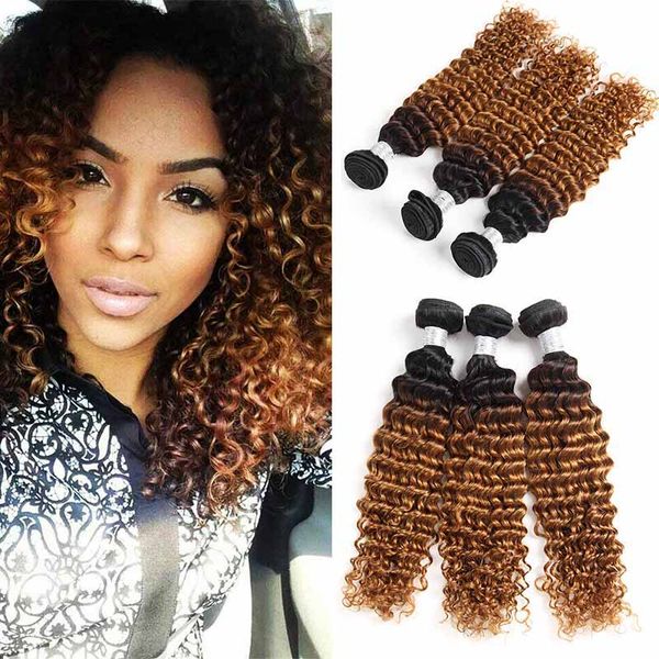 Nova Chega Extensões do Cabelo Peruano Ombre dois Tom Brown Blonde 1B / 30 Colorido Peruano Deep Wave Human Weave Bundles