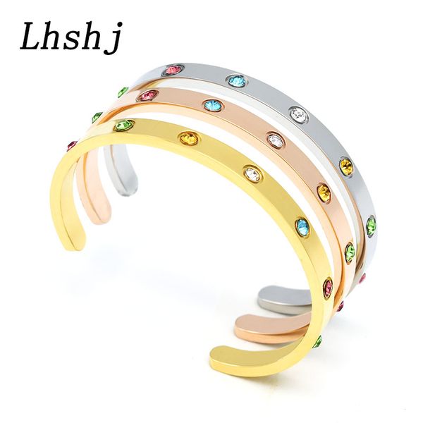 

fashion lhshj stainless steel bracelet for women colorful zircon crystal silver jewelry open cuff bangle women accessories, Black