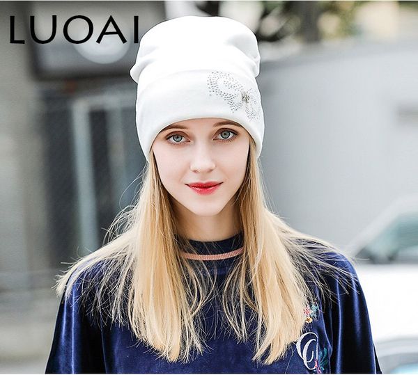 

luoai winter hats rhinestone bow-knot flannel 2018 brand new fashion hats for girls beanies skullies