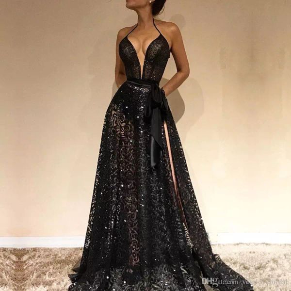 

сексуальные черные вечерние платья с v-образным вырезом 2019 кружевные выпускные платья с разрезами для спагетти, Black;red