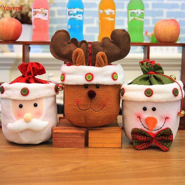 

candy holder 10pcs/lot christmas gift bag 24*24cm kids candy bags with bell santa drawstring bag reindeer fleece showcase decor