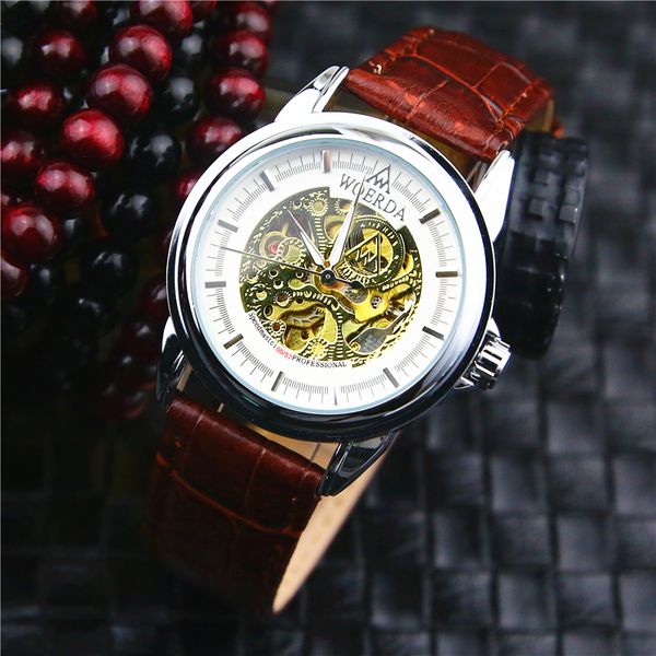 

vansnan skeleton automatic watch men waterproof mens mechanical watches wristwatches with gift box, Slivery;brown