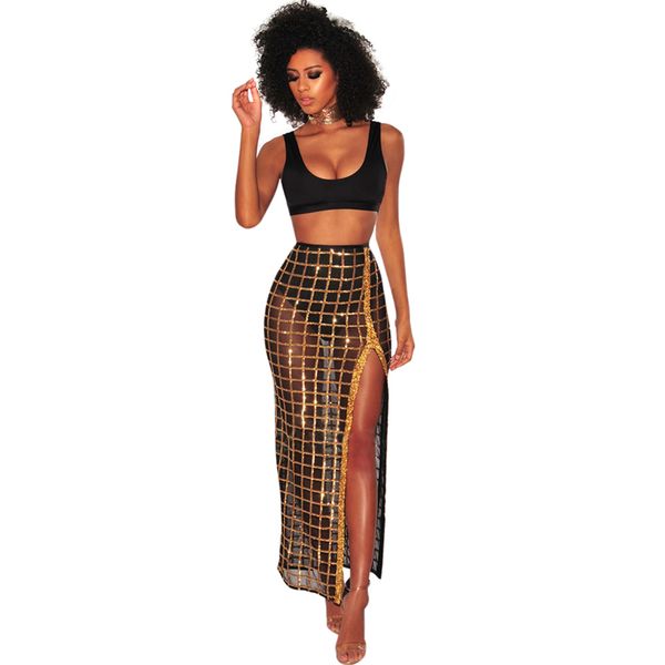 

women two piece set crop bra sheer mesh sequin plaid split skirt high waist vest skirt set party nightclub outfit black, White