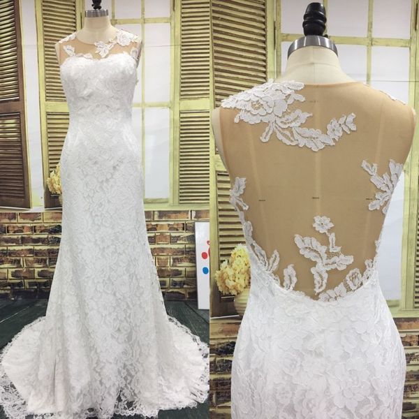 

lace wedding dresses beach wedding dress lace appliqued illusion back sheer neck mermaid boho bridal gowns, White