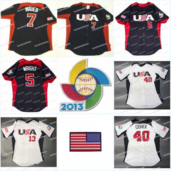

Men Team USA 2013 World Baseball Classic 5 David Wright 7 Mauer 40 Cishek Away On Field Jersey Custom High Quality Baseball Jerseys