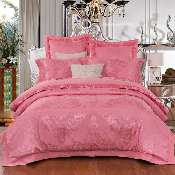 

2018 wedding flowers pink bedding set silk cotton blend bedlinens jacquard  king duvet cover set sheet pillowcases