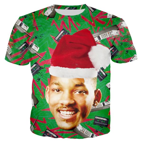 

новейшая мода свежий принц бел-эйр с рождество шляпа футболка забавный 3d печатных женщин/мужчин с коротким рукавом мужская футболка повседн, White;black