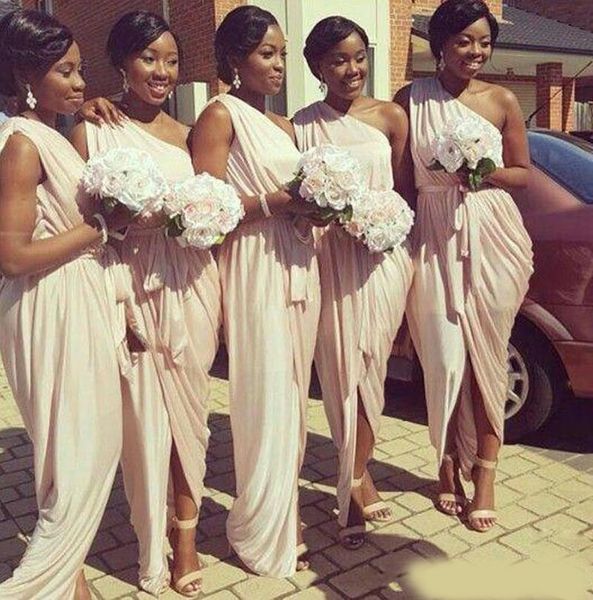 

african american grecian bridesmaid dresses 2020 unique one shoulder peach pink mermaid long formal dresses for women with sash, White;pink
