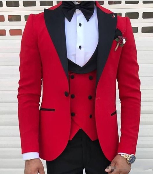 Özel Tasarım Bir Düğme Kırmızı Düğün Damat Smokin Tepe Yaka Groomsmen Erkek Akşam Yemeği Blazer Suits (Ceket + Pantolon + Yelek + Kravat) NO: 1538