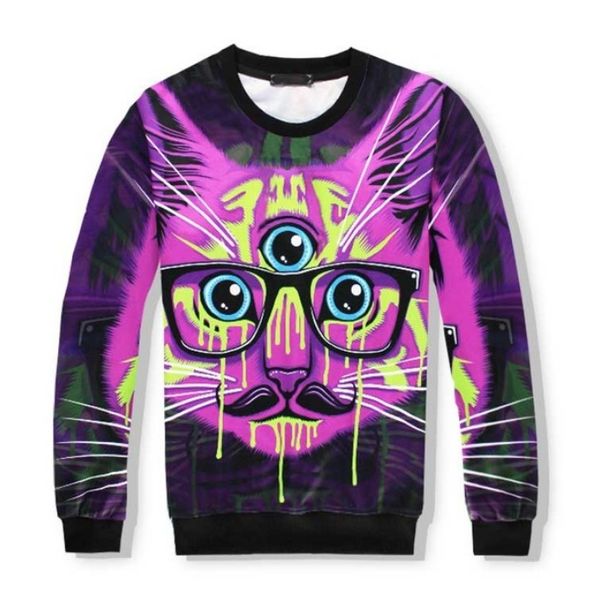 

funny three eye cat 2 pieces set men/women hoodie and long pant 3d print tracksuit sweatshirt joggers hip hop casual couple suit lms0060, Black